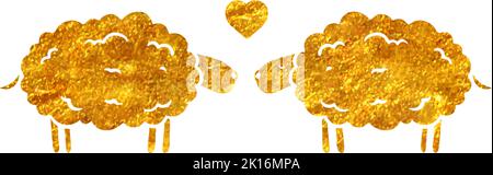 Hand drawn gold foil texture two sheep and a heart shape. Vector illustration. Stock Vector