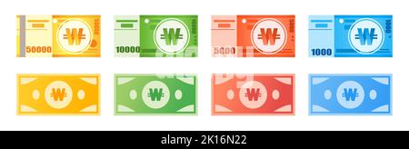Korean Won Banknotes or Paper Money Illustration Set Stock Vector