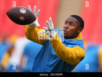 Kansas, USA. 15th Sep, 2022. SEP 15, 2022: Los Angeles Chargers wide receiver Joe Reed (12) makes a catch in warm ups at Arrowhead Stadium Kansas City, Missouri. TheChiefs beat the Chargers 27-24 Jon Robichaud/CSM. Credit: Cal Sport Media/Alamy Live News Stock Photo