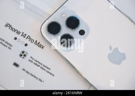 Tokyo, Japan. 16th Sep, 2022. Apple's new iPhone 14 Pro Max is displayed during the launch day at Apple Omotesando store in Tokyo, Japan on Friday, September 16, 2022. Photo by Keizo Mori/UPI Credit: UPI/Alamy Live News Stock Photo