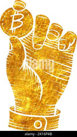 Hand holding bitcoin coin in gold foil texture vector illustration Stock Vector