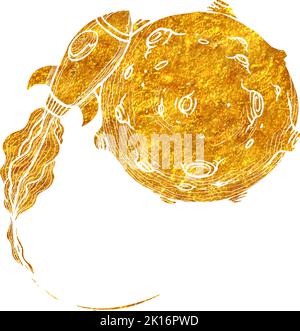 Bitcoin space rocket approaching a planet in gold foil texture vector illustration Stock Vector