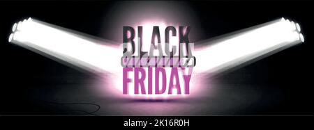 Black friday loading realistic wide vector banner template. Double spotlight rays illuminating seasonal mega sale offer. Big discounts anticipation with progress bar for stylish poster design Stock Vector