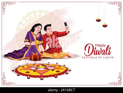 Indian family celebrate Diwali festival background with decorated Rangoli and Diya. vector illustration editable design. Stock Vector