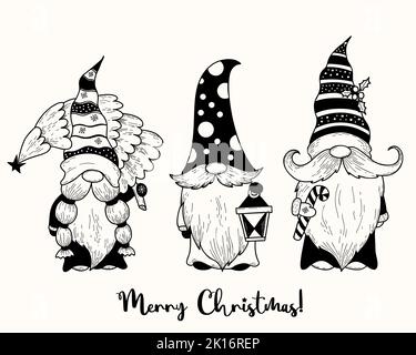 Cute christmas scandinavian gnomes. New year gnome Santa with christmas tree, lantern and caramel stick. Vector illustration. Hand drawing soodle Stock Vector