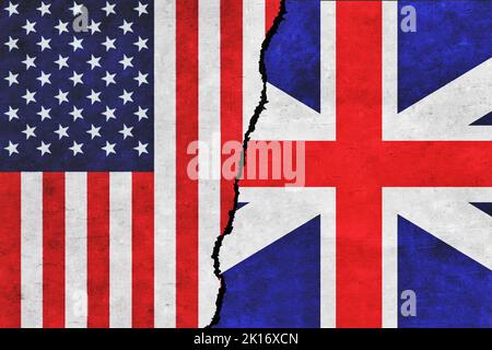 USA and Britain painted flags on a wall with a crack. USA and Britain relations. Great Britain and United States of America flags together Stock Photo