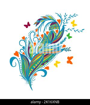 Multicolored abstract feather. Vector illustration, Hand Drawn Sketch Vector illustration. Stock Vector