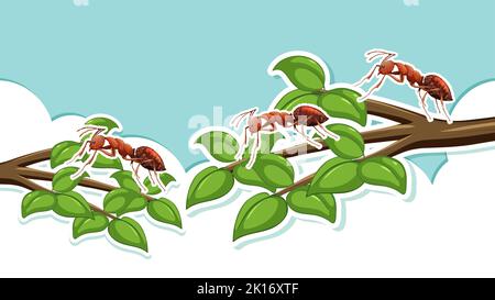 Red ants on tree branches illustration Stock Vector