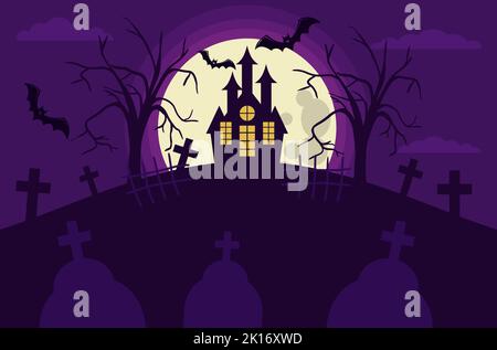 a scary house on a hill against the backdrop of a full moon and bats trees fences and graves a scary house on a hill against the backdrop of a full moon and bats trees fences and graves
