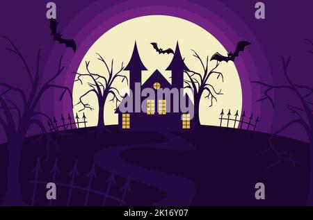 a scary house on a hill against the backdrop of a full moon of trees and fences