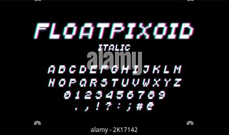 Retro 80s styled typeface with neon glow. Pixel video game 8bit font. Set of retro style latin capital letters, numbers and punctuation signs. Stock Vector