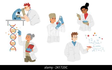 Set of laboratory scientists. Flat characters using microscope, studying medical substance, conducting genetic experiment, writing chemical formula, examining DNA sequence. Vector illustration Stock Vector