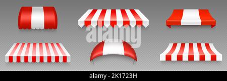 Awnings, shop tents, canopy, street market overhangs, sun shade shelters. Outdoor coverings with red and white stripes for store and shop isolated on transparent background, Realistic 3d vector set Stock Vector