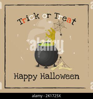 congratulatory inscriptions Trick or Treat and Happy Halloween witch cauldron dead man brush is brewed in a cauldron and in a witch potion bones and Stock Vector