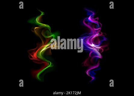 Neon fire smoke, magic swirls effect of purple, red or green colors. Twirls or wand spell traces, isolated shiny magician, wizard or fairy light, on black background, Realistic 3d Vector illustration Stock Vector