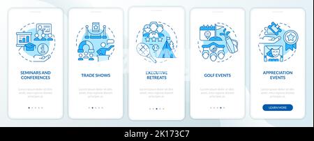 Corporate events types blue onboarding mobile app screen Stock Vector