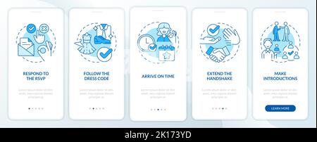 Business event etiquette rules blue onboarding mobile app screen Stock Vector