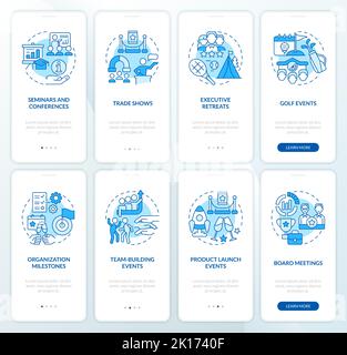 Types of corporate events blue onboarding mobile app screen set Stock Vector
