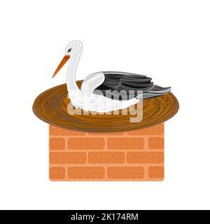 Stork and nest on a brick chimney vector illustration Stock Vector