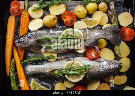 Grilled sea bass fish with aromatic herbs, spices and vegetables. Healthy sea food for diet, top view Stock Photo