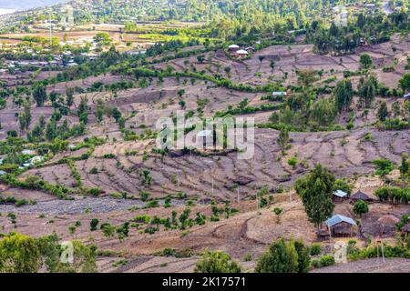 Beautiful highland landscape with traditional ethiopian houses in valley. Ethiopia, Africa. Stock Photo