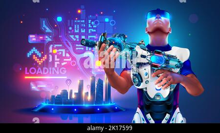 Computer player with a gun in virtual reality. VR online game interface with map of level. Player got ready to play in VR shooter. Virtual reality Stock Vector
