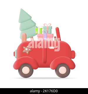 Red Christmas Car with Gifts and Tree 3D Icon Vector Illustration on White Background Stock Vector
