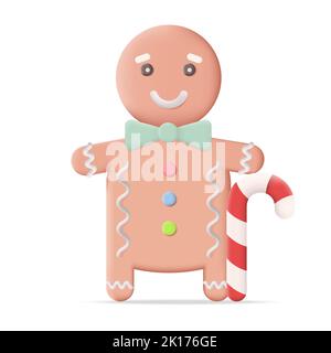Christmas Gingerbread Cookie with Candy Cane 3D Icon Vector Illustration on White Background Stock Vector