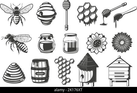 Stencil honey. Bee icon, honeycomb cells and apiary beehive. Honey dipper and glass jars vector Illustrations set Stock Vector