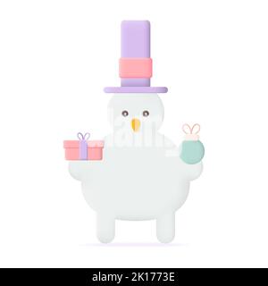 Cartoon Christmas Snowman with Christmas Presents 3D Icon Vector Illustration on White Background Stock Vector