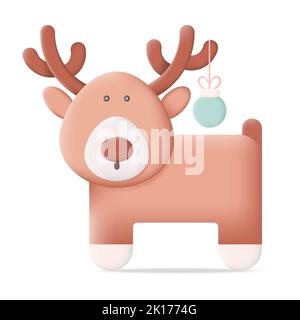 Cute Christmas Deer with Christmas Ball 3D Icon Vector Illustration on White Background Stock Vector