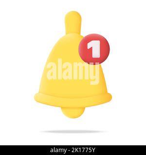 Notification Message Bell, Yellow Bell 3D Icon Vector Illustration on White Background Stock Vector