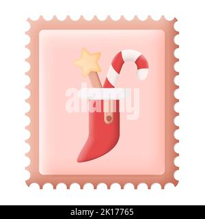 Christmas Postage Stamp with Christmas Sock 3D Icon Vector Illustration on White Background Stock Vector