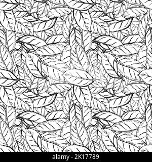 Lot of leafs in classic engraving style, seamless pattern on white Stock Vector
