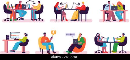 Audio podcast. People listen and record podcasts, interview dialogue with podcasting mic. Talking media vector illustration set Stock Vector