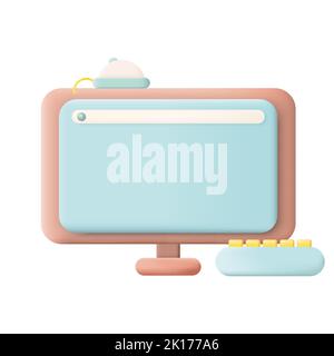 Computer Set 3D Icon Vector Illustration on White Background, Empty Display Mockup, PC Mouse, Keyboard Stock Vector