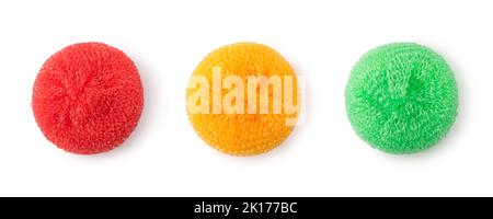 set of colorful plastic scrubbers or kitchen dish washers, isolated on white background, collection Stock Photo