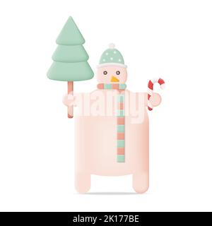 Cartoon Christmas Snowman with Christmas Tree 3D Icon Vector Illustration on White Background Stock Vector