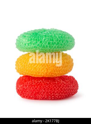 stack of colorful plastic scrubbers or kitchen dish washers, isolated on white background, collection Stock Photo