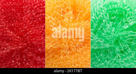 abstract background of colorful plastic scrubbers or kitchen dish washers, red, yellow and green texture, collection Stock Photo