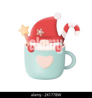 Cute Christmas Gnome in Mug 3D Icon Vector Illustration on White Background Stock Vector