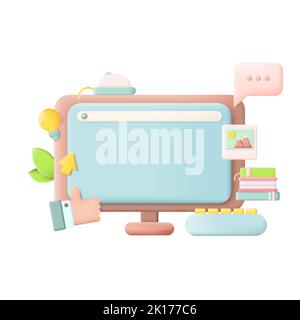 Desktop Computer, Blank Screen Monitor 3D Icon Vector Illustration on White Background, Empty Display Mockup. Website Setting Concept Stock Vector
