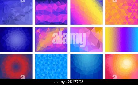 Triangle backgrounds. Geometric polygonal pattern, triangulation design and gradient triangles vector backdrop set Stock Vector
