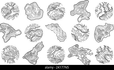 Topographic map texture. Island shape, circle with wood pattern and geographic grid vector set Stock Vector