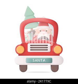Cartoon Christmas Car with Santa Claus, Gift Box and Christmas Tree. Front View. 3D Icon Vector Illustration on White Background Stock Vector