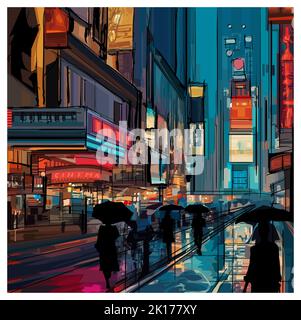 Original representation of Times square in New york on a rainy night.- vector illustration (Ideal for printing on fabric or paper, poster or wallpaper Stock Vector