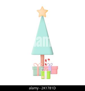 Christmas Tree with Gift Box 3D Icon Vector Illustration on White Background Stock Vector