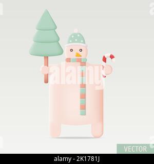 Cartoon Christmas Snowman with Christmas Tree 3D Icon Vector Illustration Stock Vector