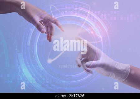 Atom biotechnology nuclear medicine  with scientist&rsquo;s hands digital transformation remix Stock Photo