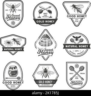 Honey labels. Vintage honeycomb emblem, bee farm stamp and apiary beekeeping vector set Stock Vector